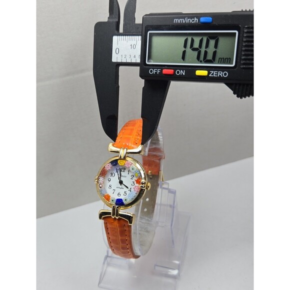 Venice Art Glass Murano Millefiori Gold Tone Orange Round Wristwatch New Battery